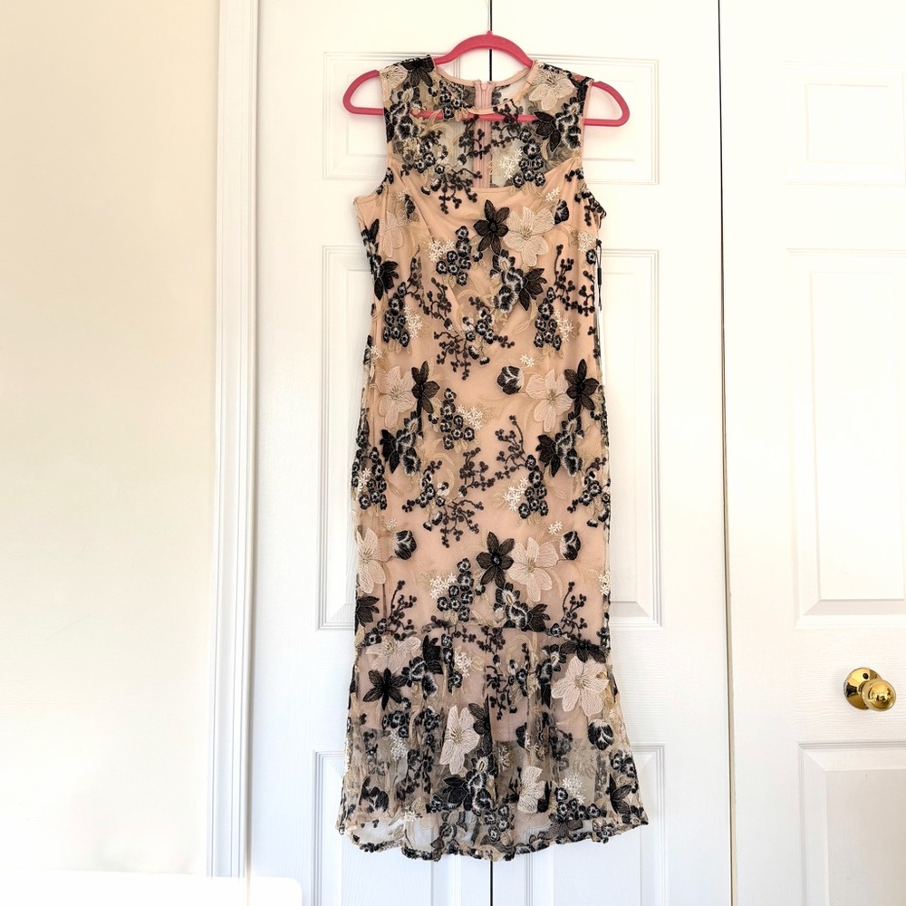 Calvin Klein Black and Cream Floral Midi Dress embroidered with sequins